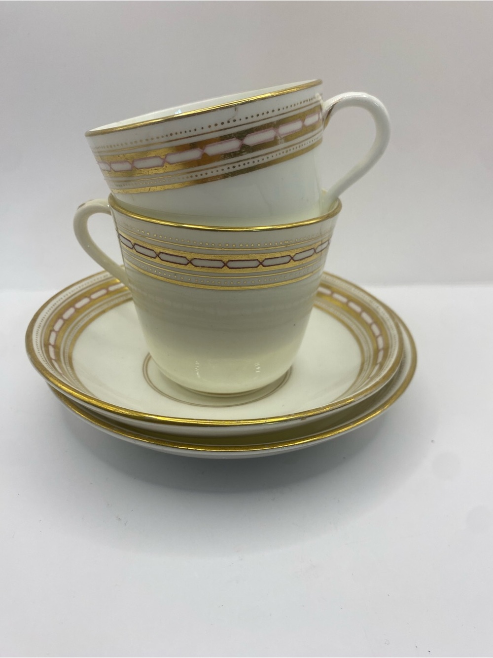 Antique Set Of 2 Cups & Sauces Porcelain With Gold Detail Marker Mark 6865/16